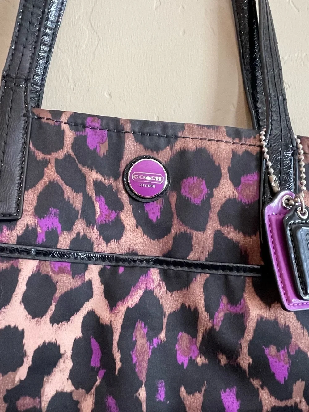 Coach Leopard-Print Tote in Black, Brown & Purple y2k animal print sateen
